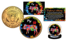 Load image into Gallery viewer, Chinese Zodiac Polychrome Genuine JFK Half Dollar 24K Gold Plated Coin - Pig
