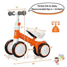 Load image into Gallery viewer, BABY JOY Baby Balance Bike, 6-24 Months Children Walker, No Pedal Infant 4 Wheels Toddler Bicycle with Adjustable Seat, Kids Riding Toys for 1 Year Old Boys Girls, Babys First Birthday Gift, Orange
