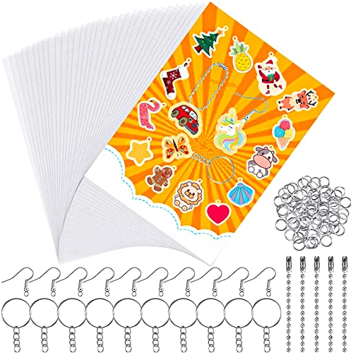 Shrink Plastic Sheet Kit, for Kids Creative Craft and DIY Ornaments ( 32 Pcs Shrinky Paper with 125 Pcs Keychains Accessories Included )
