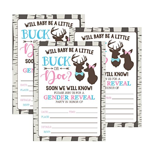 25 Buck or Doe Deer Gender Reveal Baby Shower Party Invitation Cards, Pink Blue He She Personalized For Gender Neutral Unisex Invite Guess If It's a Boy or Girl Fill In The Blank Printable Invite Pack