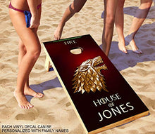 Load image into Gallery viewer, DaVinci Wrap Masters Personalized &#39;House of Stark Laminated Vinyl Corn Hole Board Decals.
