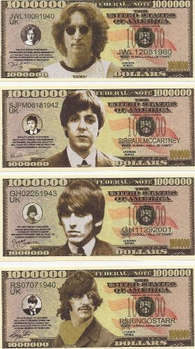 The Beatles $Million Dollar$ Novelty Bills Complete Set of 4