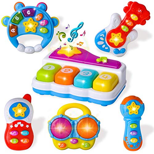JOYIN 6 PCS Toddler Sensory Educational Musical Instrument Toys Include Driving Steering Wheel Toy, Pretend Play Cellphone with Music, Piano Keyboard Toy for Toddler Boys and Girls