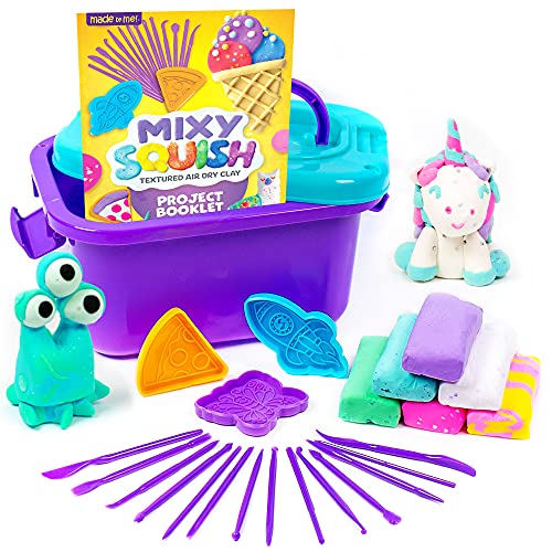 Made By Me Mixy Squish Sculpting Studio by Horizon Group USA, 24 Piece Sensory Play Set, Includes 6 oz. Air Dry Clay, Pre-Textured, Dries Squishy, 14 Sculpting Tools, 3 Double Sided Molds, Storage
