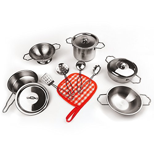 KIDAMI 13 Pieces Kitchen Pretend Toys, Stainless Steel Cookware Playset, Varieties of Pots Pans & Cooking Utensils for Kids (fit Little Baby Tiny Hand) (Original)