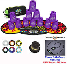 Load image into Gallery viewer, Speed Stacks Combo Set &#39;The Works: 12 Purple 4&quot; Cups, Black Flame Gen 3 Mat, G4 Pro Timer, Cup Keeper, Stem, Gear Bag + Active Energy Necklace

