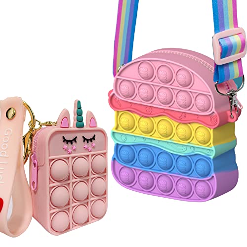 Pop its Fidget Toys Purse for Girls Popper Silicone Shoulder Bag for Kids Women Push Bubble Cross-Body Bags for Halloween Thanksgiving Christmas (Hamburger Purse Unicorn Coin Change Keychain Wallet)