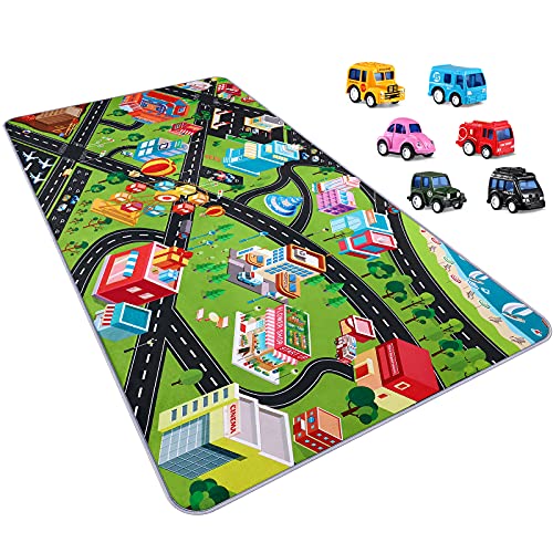 PRETYZOOM City Theme Kids Carpet Playmat Traffic Playing Rug Educational Scene Map Floor Cushion with Alloy Pull Back Vehicles 170 x 90 cm Household Supplies