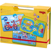HABA Magnetic Game Box Street Sense - 118 Magnetic Pieces and 3 Background Scenes in Cardboard Carrying Case