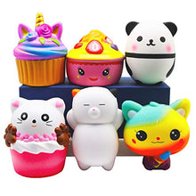 Load image into Gallery viewer, Korilave Jumbo Squishies Slow Rising Toys Pack Include Unicorn Cake,Strawberry Cake,Kawaii Cupcake,Panda,Bear,Ice Cream Cat Squishy Stocking Stuffer Party Favors for Kids(6 Pcs)

