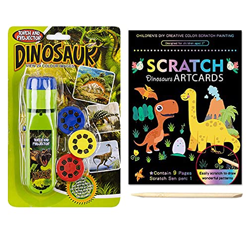 Georgie Porgy Scratch Art Torch Projectors Set, DIY Arts and Crafts Kits for Kids, Magic Rainbow Scratch Paper for Christmas Birthday Gift, Educational Science Set Wall Ceiling Tent Torch (Dinosaur)