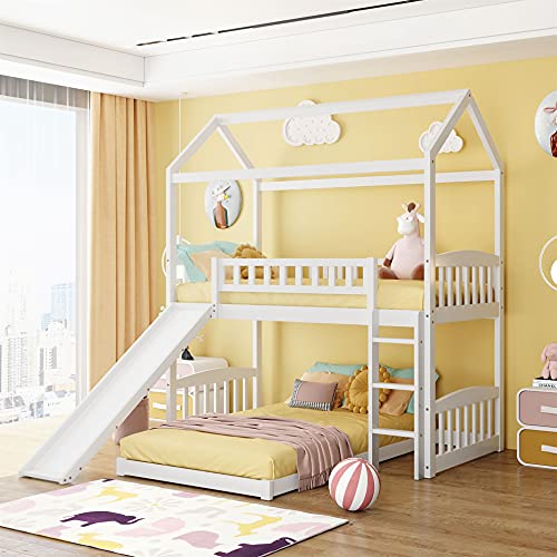 Twin Over Twin Bunk Bed with Slide, House Bunk Bed with Slide, Playhouse Bed for Toddlers Kids Girls Boys - White