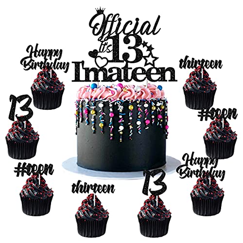 13th Cake Decorations - Official 13 I'm a Teen Cake Topper with 24 Pack Cupcake Toppers Black Glitter for Teenager Boys Thirteen Birthday Party Supplies