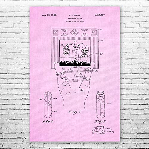 Patent Earth Finger Puppet Theater Poster Print, Toy Collector Gift, Puppet Wall Art, Daycare Decor, Theater Art, Marionette Gifts Pink Cloth (12 inch x 18 inch)
