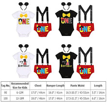 Load image into Gallery viewer, Baby Boy 1st Birthday Cake Smash Outfits Mouse Photo Costume Romper+Suspenders+Shorts+Headband 23: White 1st 12-18M
