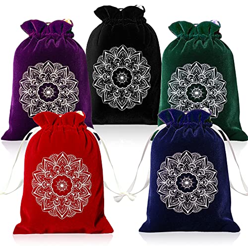 5 Pieces Spiritual Mandala Tarot Dice Bag Velvet Tarot Rune Bag Satin Drawstring Pouch for Tarot Oracle Cards, Sport Card Party Favor Storage Bag Runes Jewelry Pouch Travel Gift Bag, 5 Colors