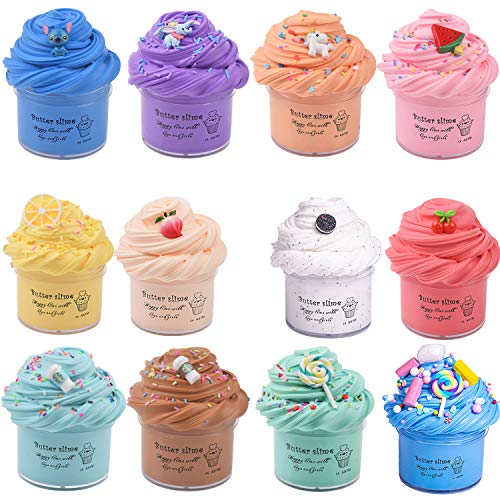 Keemanman 12 Pack Butter Slime Kit with Blue Stitch, Elephant, Unicorn, Watermelon, Lemon, Peach, O-REO, Cherry, Latte, Coffe and Candy Charms, Scented DIY Slime, Stress Relief Toy for Girls and Boys