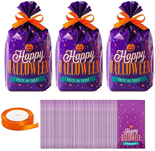 50Pcs Halloween Candy Bags Party Bags Kids Trick Or Treat Bags Goody Bags with 1 roll Satin Ribbon for Trick or Treat Bags Halloween Party Gift Favors, Kids Halloween Party Supplies