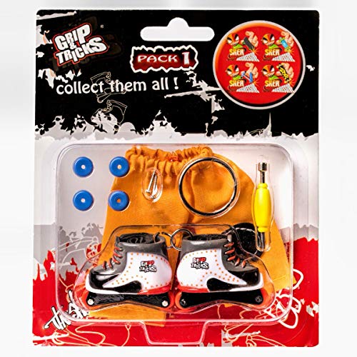 Grip and Tricks - White Freestyle Inline Finger Skates with Finger Roller Skates Tools and Mini Fingerboards Accessories - Pack 1 Finger Toy for 6+ Years Old Kid