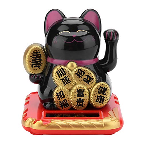 ShunFudz Solar Powered Mini Welcoming Cat Adorable Waving Beckoning Fortune Lucky Cat with Waving Arm,for Car, Home, Restaurant, Stores, Office(Black)
