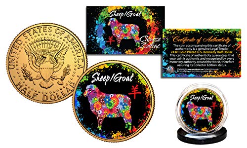 Chinese Zodiac Polychrome US JFK Half Dollar 24K Gold Plated Coin - Sheep/Goat