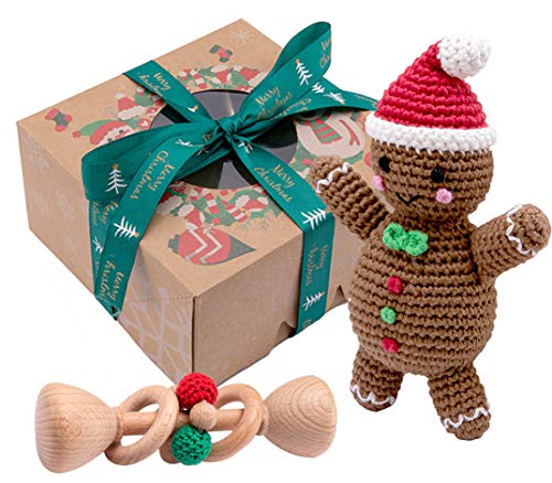 Promise Babe Christmas Teether Toys Gingerbread Man Wooden Rattle Baby Montessori Toy Teething Crochet Beads Perfect Shower Gift - Set of 2