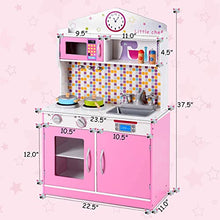 Load image into Gallery viewer, Fireflowery Kids Kitchen Playset, Wooden Cookware Toy Set w/Removable Sink, Microwave, Pegs on The Wall, Top Display Shelf, Pretend Kitchen for Toddler (Pink)

