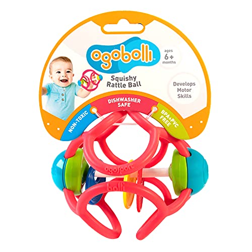 OgoBolli Rattle & Teether Toy for Babies - Tactile Sensory Ball - Stretchy, Soft Non-Toxic Silicone - Ages 6 Months and up - Red