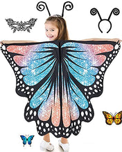 Load image into Gallery viewer, Butterfly Wings Costume Girls Halloween Costume For Girls Kids Butterfly Wings Shawl with Lace Mask and Antenna Headband (Starry orange blue)
