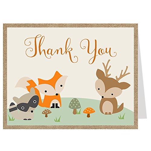 Woodland Friends Thank You Cards Burlap Forest Animals Folding Thank You Notes Baby Shower Birthday Party Sprinkle Fox Deer Raccoon Nature Zoo Animals Gender Neutral Unisex Kids (50 Count)