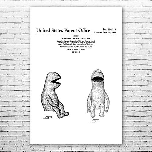 Patent Earth Wilkins Puppet Poster Print, Puppeteer Gift, Puppet Design, Puppet Wall Art, Vintage Puppet, Toy Collector Gift Black & White (9 inch x 12 inch)