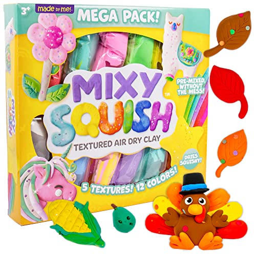 Made By Me Mixy Squish Pastel Mega Pack by Horizon Group USA, Includes 12 oz. of Pre-Made Air Dry Clay, Sensory Play, 12 Colors, 5 Different Crunchy, Bumpy, Soft Textures, Dries Squishy & Smooth