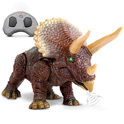 Discovery Kids RC Triceratops, LED Infrared Remote Control Dinosaur, Built-in Speakers W/ Digital Sound Effects, 8.75