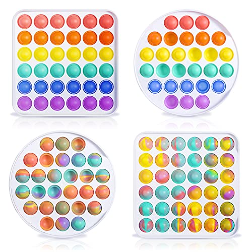CocoKool 4-Pack Push Pop Bubble Fidget Sensory Toys, Autism Special Needs Silicone Pressure Reliever Toys, Anti-Anxiety Squeeze Sensory Toys for Kids Teens Adults (Round+Square, Mixcolor+Rainbow)
