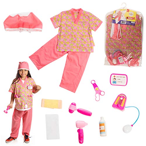 DRESS 2 PLAY Nurse Pretend Costume, Dress up Set with Accessories, 6 Pc Set Pink