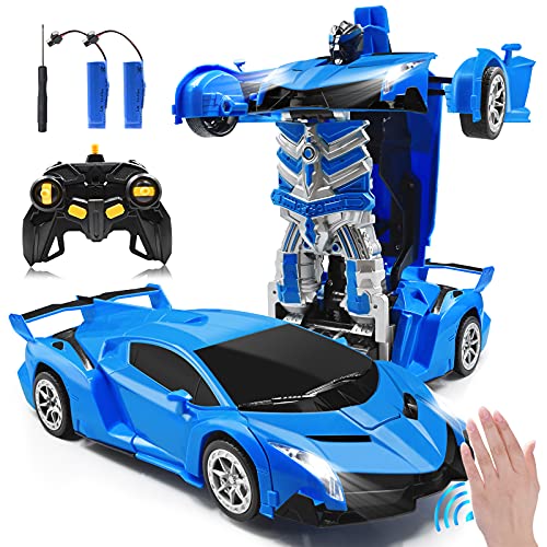 Zahooy RC Car Transforming Robot Model Toy,1:14 Gesture Sensing Drifting Remote Control Transform Vehicle,Deformed Racing with Realistic Engine Sounds & One-Button Transformation for Boys Girls(Blue)