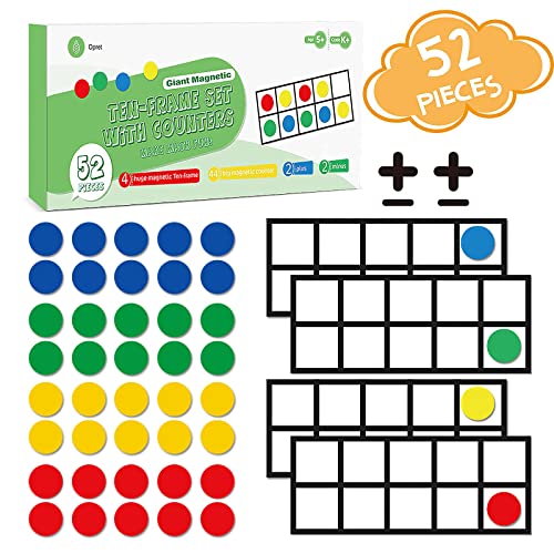 Big Magnetic Ten-Frame Set, Opret 52 Pieces Math Manipulative for Elementary Ten Frame Math Games for Kindergarten with Storage Bag, 4 Frame, 44 Counters, 2 Plus and 2 Minus