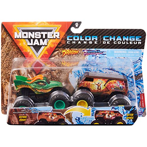 Monster Jam, Official Dragon vs. Thunder Bus Color-Changing Die-Cast Monster Trucks, 1:64 Scale