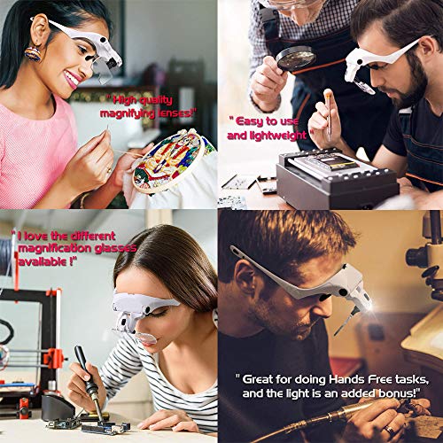 Magnifying Glasses for Close Work,LED Head Magnifier,Hands Free Headband with Light Interchangeable Lenses, White