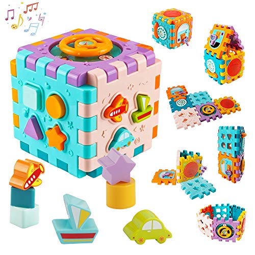 WISHTIME Baby Activity Cube, Baby Stack Toys with Shape Color, Musical Toys Interactive Educational Activity with Drum, Gift Toys for Infants Toddlers Kids Boys Girls