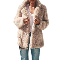 WUAI-Women Casual Lapel Fleece Fuzzy Jacket Shaggy Oversized Jacket Fashion Cardigan Coat Outwear(Beige,Small)