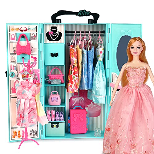 UCanaan Doll Closet Portable Toy with Doll,Including Fashion Closet and 11.5-Inch Dolls, Clothes, Shoes and Other Doll Accessories and Closet Accessories Gift for Age 3+