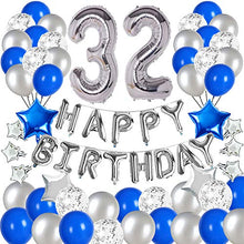 Load image into Gallery viewer, &quot;Blue and Silver 32nd Birthday Party Decorations Set- Silver Happy Birthday Banner,Foil Number Balloons, Latex Balloons and More for 32 Years Old Brithday Party Supplies&quot;
