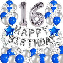 Load image into Gallery viewer, &quot;Blue and Silver 16th Birthday Party Decorations Set- Silver Happy Birthday Banner,Foil Number Balloons, Latex Balloons and More for 16 Years Old Brithday Party Supplies&quot;
