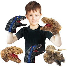 Load image into Gallery viewer, Yolococa Dinosaur Hand Puppets Realistic Latex Soft Animal Head Toys Set, Tyrannosauru, Triceratop, Velociraptor Hand Puppet Toys Gift for Kids, Party Show Imaginative Play, 3 Pack
