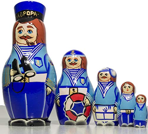 Russian Nesting Doll - Special Design Gift Dolls - Handmade Carved Wood Design - Hand Painted in Russia -- Medium Size - Traditional Matryoshka Babushka (The Sailor)