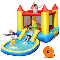 Costzon Inflatable Water Bounce House with Air Blower, Kids Jumping Castle Waterslide for Wet Dry Combo with Splash Pool, Cute Slide, Ocean Balls, Kids Water Slides for Outdoor (with 580W Air Blower)