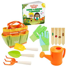 Load image into Gallery viewer, Matching Board Book - Kids Gardening Tools Set Includes Sturdy Tote Bag, Watering Can, Shovel, Rake, and Trowel - Garden Storybook - Kids Garden Tools- Easter Gifts for Toddler Age on up.
