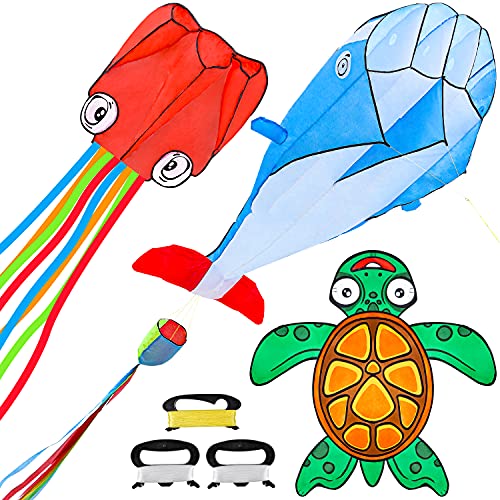 JOYIN 3 Packs 57''- 185'' Giant Ocean Kite Set - Octopus Kite Dolphin Kite Turtle Kite, Easy to Fly Gaint Kites for Kids and Adults with Kite String, Large Beach Kite for Outdoor Games and Activities