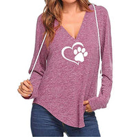 Amiley Women Fall Hoodies,Women Heart Printed Cat Footprints Casual Hoodie Pullover V Neck Hooded Sweatshirt (Medium, Pink)